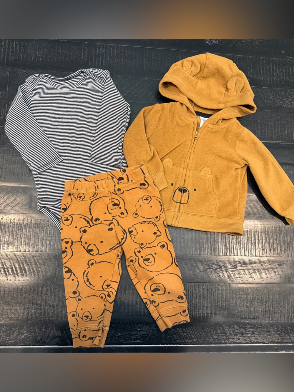 Bear Hoodie & Pants Matching Set with Striped Bodysuit